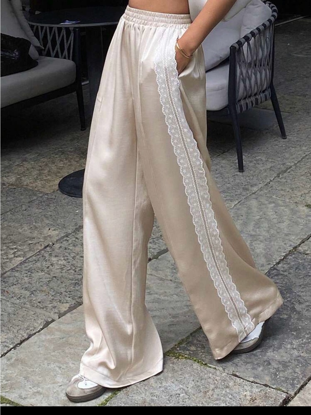 Women's Wide-Leg Satin Lounge Pants with Lace Trim - Cream brand new